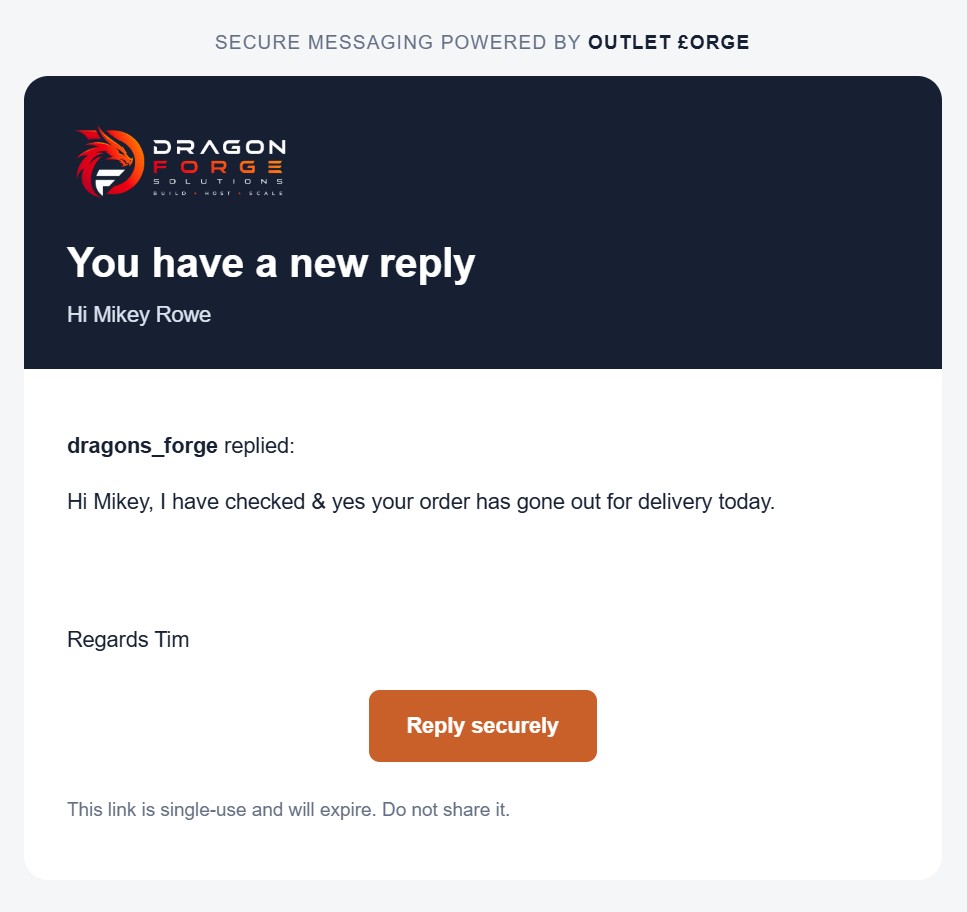 Customer email received from Dragon Mail Forge