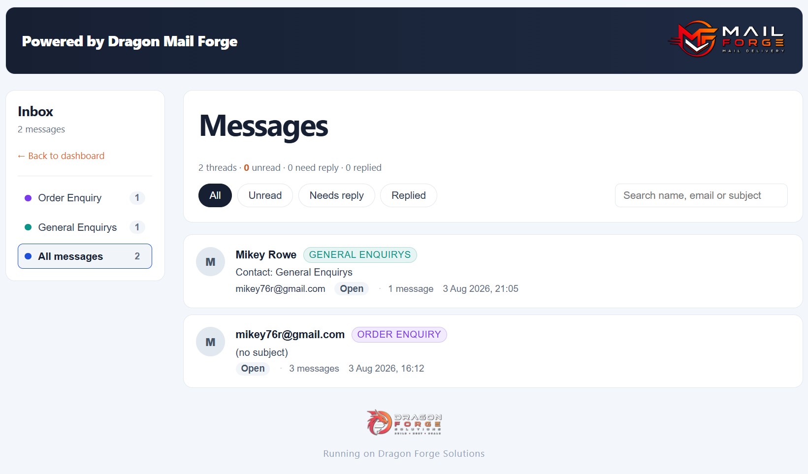 Dragon Mail Forge inbox view screenshot