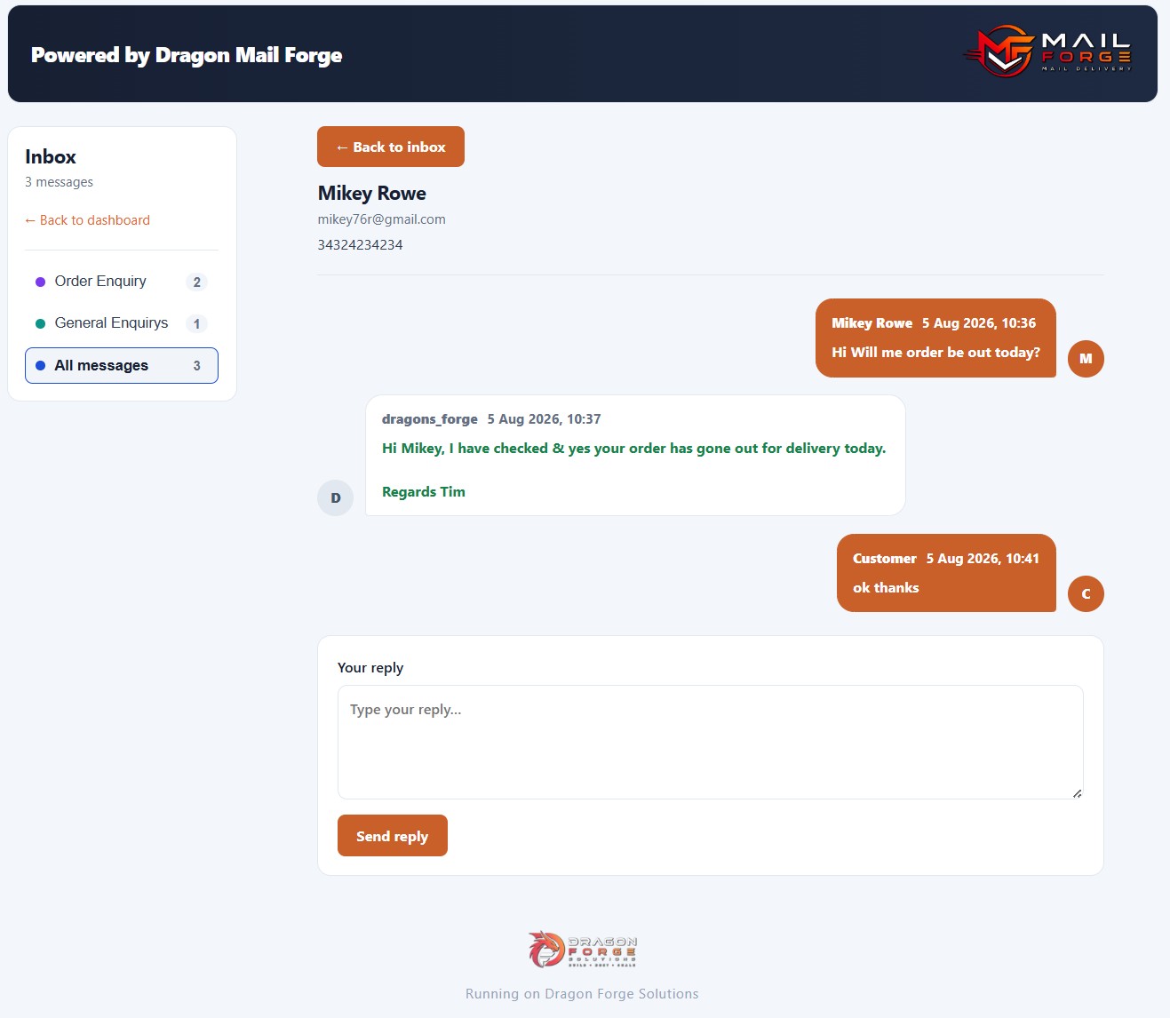 Customer reply seen inside Dragon Mail Forge inbox